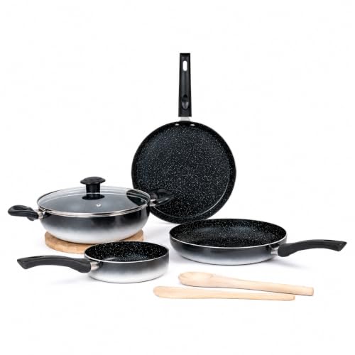 Image of Kreme Aura Granite Non Stick Cookware Set 7pcs | Aluminium Cookware Set | Non Stick Flat Tawa, Fry Pan, Sauce Pan, Kadhai with Glass Lid | Uses Less Oil | Induction Gas Stove Compatible, Ivory