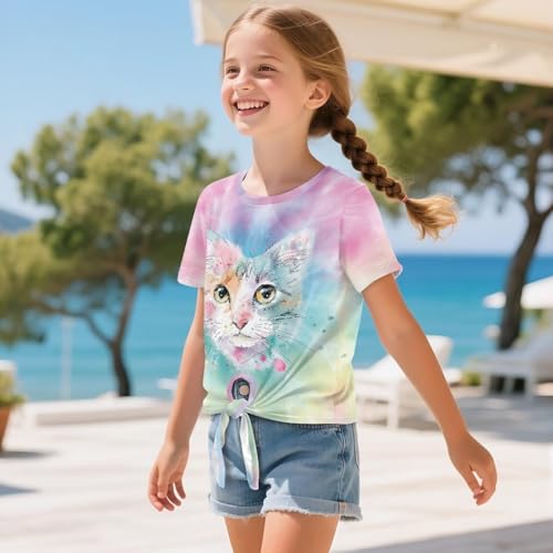 Girls Tie Front Top Summer Short Sleeve T Shirts Crewneck Tees for Kids Toddlers, 5-12 Years3