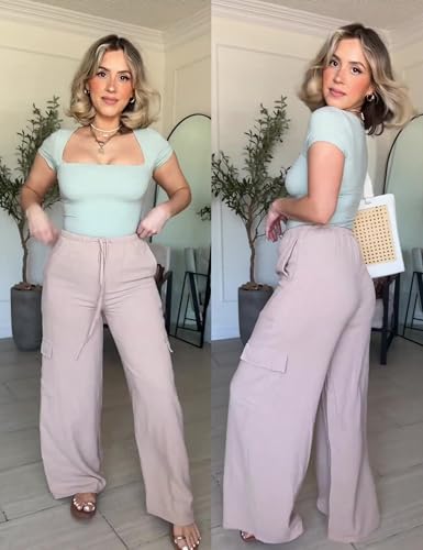 Xiaoxuemeng Womens Cotton Linen Wide Leg Pants Summer Elastic Waisted Beach Pants with Pockets2