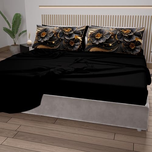 PETTI Artigiani Italiani - Lenzuola in Cotone con Federe in Stampa Digitale, Lenzuola Una Piazza e Mezza, Completo Letto Una Piazza e Mezza, Floreale 22 Nero, 100% Made in Italy - Immagine 3