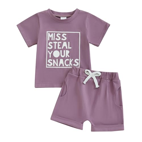 LIOMENGZI Toddler Baby Girl Summer Clothes Set Short Sleeve Letter Print T Shirt Tops Shorts Set Infant Girl Summer Outfit (A Purple Girl, 18-24 Months)