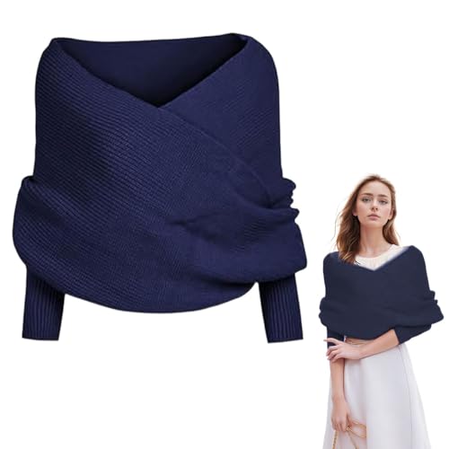 Knitted Scarf with Sleeves for Women 2025 New Knit Wrap Sweater Shawl Crochet Tops Cape Blanket for Autumn Winter (Navy One Size)