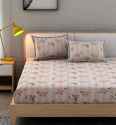 Image of 350 TC Premium Heavy Cotton Feel Elastic Fitted Bedsheet King Size with 2 Pillow Covers || Double Bed with All Around Elastic (Pink & Foral., Fitted - 72 inchx78 inch King)