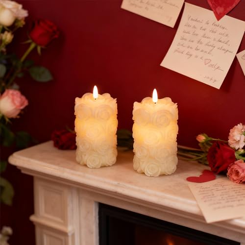 Image of LUSHARBOR Rose Flameless Candles with Remote, Battery Operated Candles Rose Flower for Valentine's Day LED Pillar Candles Battery Powered for Mother's Day & Weddings, Set of 2 Ivory