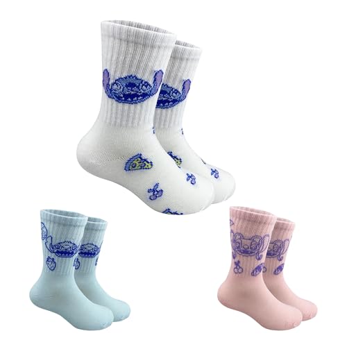 Disney Lilo & Stitch Official Kids Girls 3 Pack Crew Long Socks - Assorted Designs & Colors (US Alpha Small White Light Blue Pink)