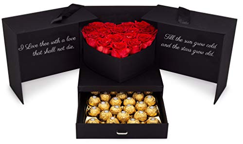 Red Eternal Roses and Chocolates Gift Box | Romantic Gift Basket with Real Preserved Roses and Hazelnut Chocolates