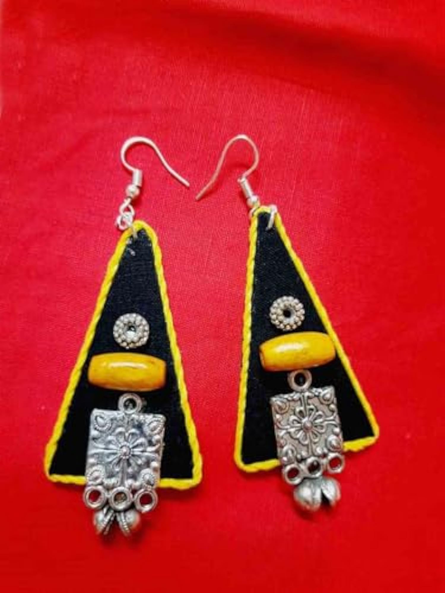 Colourful Handmade Triangle Design Beaded Long Dangle Earrings