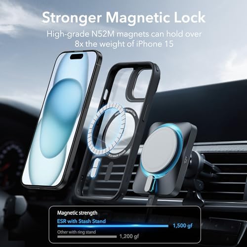 ESR for iPhone 15 Plus Case, Compatible with MagSafe, Military-Grade Protective Case, Built-in Stash Stand Phone Case, Scratch-Resistant TPU Back Cover, Classic Series, Clear Black