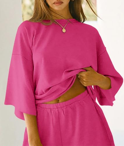 Image of Tankaneo Womens Pajama Sets 3 /4 Sleeve Oversized Tops & Loose Fit Shorts Lounge Set with Pockets Loungewear
