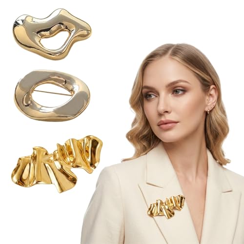 ZUWIJEQ Set de 3 Broches para Ropa Mujer, Broche Dorado Geométrico Vintage de Metal, Broches únicos dorados para mujer, Broches Irregulares Elegantes para Vestidos,Bufandas, Bodas y Eventos Especiales