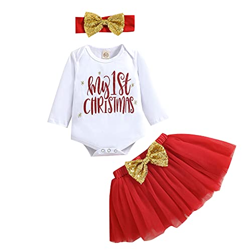 BemeUSWT Mi primer traje de Navidad recién nacido bebé niña Navidad mameluco y tutú falda calentadores de piernas con lazo diadema 3 piezas conjunto de ropa bebé bebé bebé 0-24 meses, B-rojo+blanco Cover