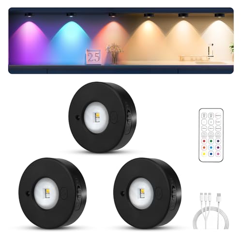 MERTTURM Recargable LED Armario Luz con Control Remoto, Regulables Mini LED Vitrina, 3 Temperaturas de Color, 9 RGB Iluminación de Armarios [3 Pieza]