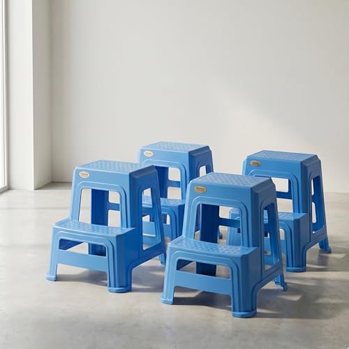 Image of Oaknest Supreme Multipurpose Plastic 2-Step Stool for Kids & Adults - Anti-Slip Lightweight Stepping Stool for Kitchen, Bathroom & Home - French Blue, 4 Piece