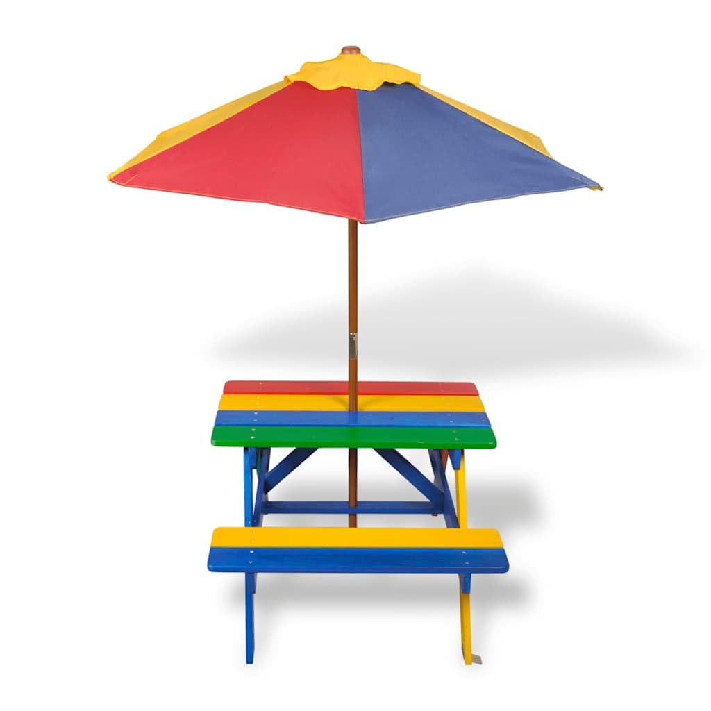 Picknicktisch für Kinder, Holz, mehrfarbig, mit Sonnenschirm und 2 Bänken