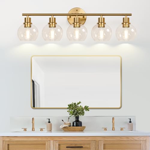 Image of Indoi 5-Light Bathroom Light Fixture, Modern Brushed Gold Bathroom Lights Over Mirror with Clear Glass Globe Shades, Vanity Lighting Fixtures for Kitchen, Living Room, Hallway, Bedroom, Porch