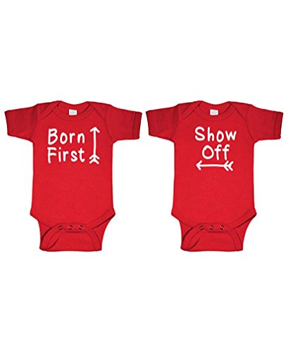 Born First - Show Off! - Twins Siblings - Two Infant Bodysuit Combo, NB, Red