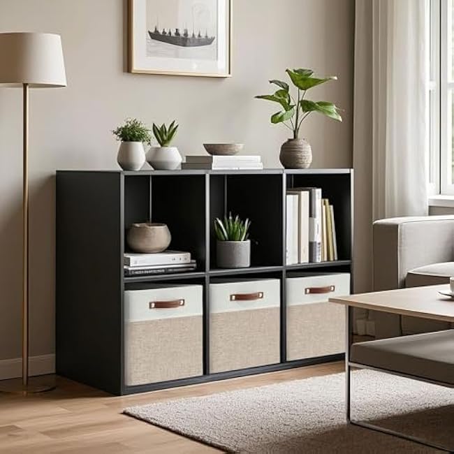 DECOMOMO Kallax Storage Cubes - 13x15x13 Storage Bins, Baskets for Organizing Shelves (Beige and White, 3-Pack)