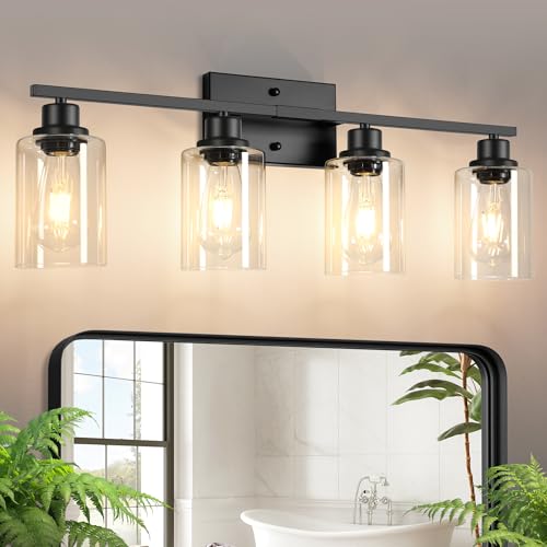 Image of Ascher Bathroom Light Fixtures, 4-Light Vanity Light Over Mirror, Matte Black Wall Sconces with Clear Glass Shades, Wall Lamp for Living Room Bedroom, E26 Base(Bulbs Not Included)
