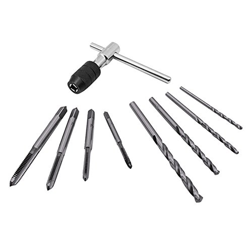 VAlink 9 Pcs/Set Twist Drill Bits T-Handle Hand Tap Wrench Screw Thread Metric Plug M3 - M6 Taps Drill Bits Hand Tools Set Right T-Handle Wrench