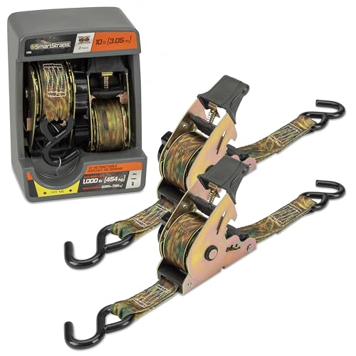 Image of SmartStraps 10' Retractable Ratchet Straps, 2 Pack - Heavy Duty Camo Ratchet Straps, 3,000lb Break Strength, 1,000lb Safe Work Load - Haul Motorcycles, Boats, and Appliances with Patented Technology
