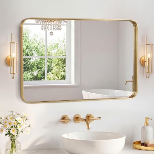 Image of Sweetcrispy Bathroom Mirror 40x24 Inch Metal Framed Rounded Rectangle Vanity Mirror for Wall, Over Sink, Farmhouse, Restroom, Anti-Rust, Modern Decorative, Horizontal or Vertical Hanging, Gold