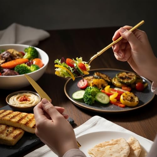 Image of 20 Pcs Gold Slim Handle Stainless Steel Cutlery Set for Dining Table with Spoons and Forks Set + Butterknives - The Perfect Tableware /Flatware