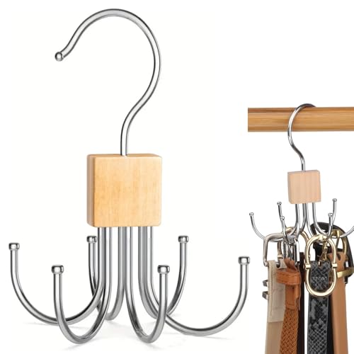 Yuiturt Rotatable Belt Hanger for Closet, 360° Swivel Belt Organizer with 6 Hooks, Space-Saving Belt Rack for Men, Hanging Storage for Belts, Ties, Socks, Gloves (Wood Color)