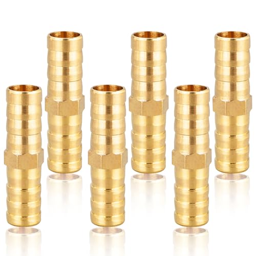 Schlauchverbinder 10mm Messing, 6 Stück Messing Schlauch Anschluss 10mm(3/8'), gerader Widerhaken Verbinder Schlauchtülle Tüllenverbinder Gewindefitting Messingfittings