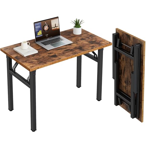 Image of Need 35.8 Inch Folding Desk for Small Spaces, Home Office Computer Desk with Wood Top & Black Frame, Foldable Writing Table for Study, Bedroom, Dorm Room & Student, Rustic Brown