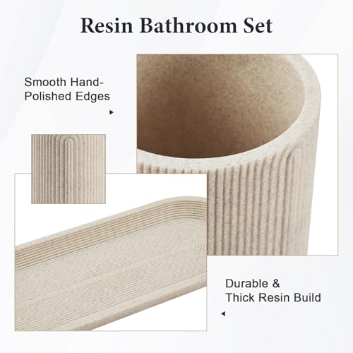 Bathroom Accessories Set - 7-Piece Resin Bathroom Set, Toothbrush Holders for Bathrooms, Soap Dispenser, Qtip Holder Dispenser, Tumbler, Soap Dish & Tray(Beige - image 6