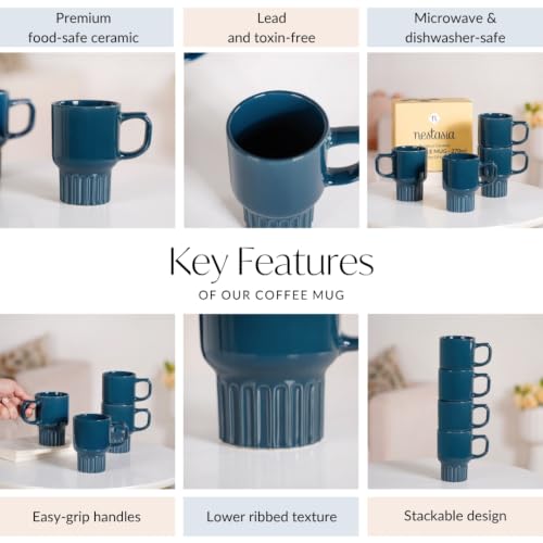 Image of Nestasia Ceramic Stackable Cups Set of 4 (270ml Each) - Fluted Bottom Tea & Coffee Cups with Glossy Finish | Microwave & Dishwasher Safe Cups - Ideal for Gifting (Deep Blue)