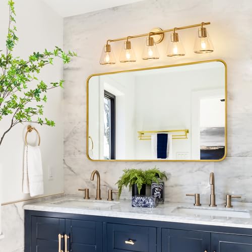 NADOSA Gold Vanity Light 5 Lights 38.5" Large Vanity Lights for Bathroom, Wall Sconces Light with Clear Glass Shade, Light Fixtures for Bathroom, Living Room, Kitchen, Bedroom, E26 Base