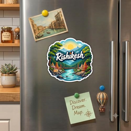 Image of Rishikesh Theme Souvenir Wooden Fridge Magnet for Refrigerator - Printed Fridge Magnet for Kitchen & Fridge Decor | Perfect Souvenir Gift | Fridge Decoration | Size 3x3 Inches | Pack of 1