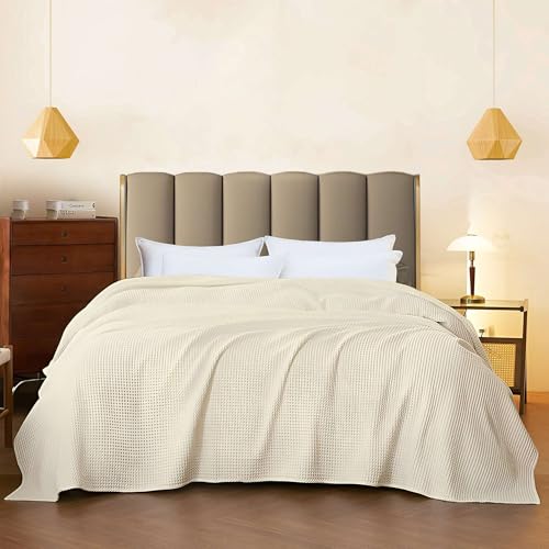 Image of Super Soft & Breathable 100% Microfiber Waffle Blanket - Throw Blanket and Quilt for Bed & Sofa Double(90x100) Size - Ivory Solid