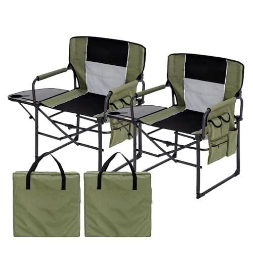 YOUGYM Wide Folding Director Chair with Table, Outdoor Camping Chair for Adults with Cup Holder Load 330 Lbs, Portable Lightweight Chair for Outside with Carry Bag for Patio, Green-2Pack