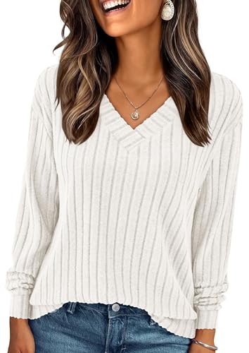 PRETTYGARDEN Fall Fashion 2025 Long Sleeve Shirts for Women Ribbed Knit V Neck Dressy Casual Lightweight Sweaters Tunic Tops