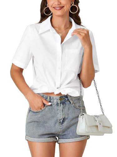 KIFOVEN Women’s Short Sleeve Button Down Shirt Collared Cotton Casual Summer Blouse Top with Pocket2