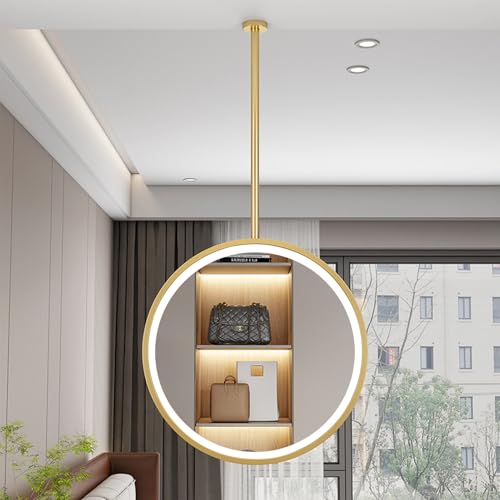 Espejo LED redondo espejos de tocador de maquillaje colgante de techo con 3 colores regulables, espejo iluminado de baño de marco de metal dorado para el hogar o el hotel(Diameter-70CM/27.6INCH)