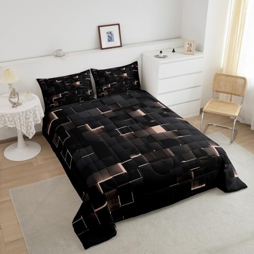 Image of Erosebridal Black and Pink Bedding Set Queen Neon Geometric Checkered Comforter Set for Kids Girls Teen,Tereoscopic Grids Comforter Square Plaid Quilt Duvet Room Decor 3 Pcs