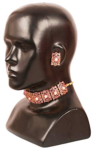 Image of Touchstone Mughal Jali Collection Gold Tone Indian Mughal Bollywood White Diamante Jewelry Choker Set for Women