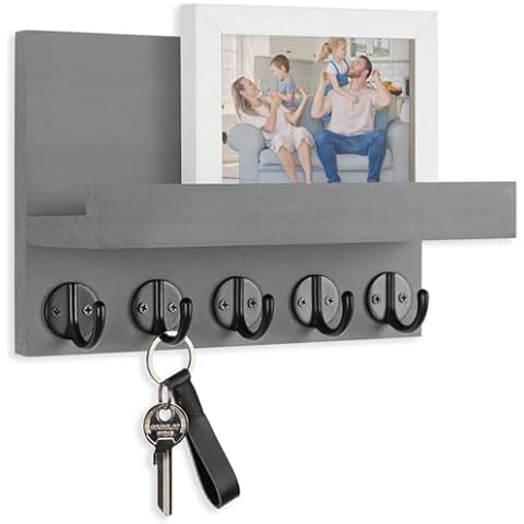 Lwenki Key Holder Wall Mount - 9.8" x 6.7" x 4.2" Entryway Organizer with 5 Metal Hooks Holds Wallet, Sunglasses, Bags, Dog Leash - Real Paulownia Wood Decorative Key Hanger with Shelf (Gray) Cover