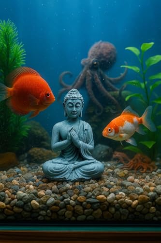 Image of Fish Aquarium Buddha Statue Ancient Meditating Buddah Figurine Fish Tank Buda Decoration