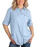 33,000ft Camisa de botones para mujer UPF50 Protección UV Camisa de secado rápido con botones Blusas transpirables para senderismo Ropa de safari para ocio, pesca, viajes, azul claro, L