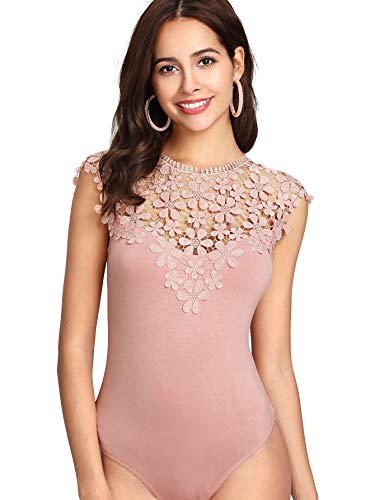 Didk Women's Sheer Floral Lace Bow Knot Back Bodysuit Pink M #TOP2