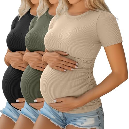 Ficerd 3 Pack Women's Maternity Shirts Cotton Short Sleeve Pregnancy Tops Side Ruched Ribbed Casual Mama tees Clothes