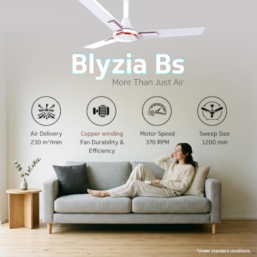 Image of V-Guard Blyzia Bs 1200mm Ceiling Fan for Home & Office| Pearl White | Aerodynamically Superior Aluminium Blades | 230 CMM Airflow & 370 RPM Speed | 2 Year Warranty