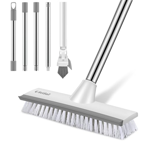 Image of SetSail Floor Scrub Brush and Grout Brush with 51-Inch Long Adjustable Handle 2 in 1 Scrape Brush Stiff Bristle Floor Scrubber for Cleaning Shower Bathroom Garage Kitchen Deck Tub Tile, Grey White