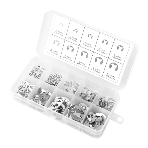 UKOFEW 200 Stück E-Clips Sicherungsringe,10 Verschiedene Größen Edelstahl Externe Sicherungsring,Sicherungsscheiben Sortiment E-Clips mit Box für Befestigen Lagern Zahnrädern Riemenscheiben(Silber)