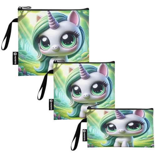RPLIFE Green Unicorn - Bolsas reutilizables para bocadillos, bolsas de alimentos lavables con cremallera para la escuela, viajes, trabajo, oficina (paquete de 3: S/M/L)