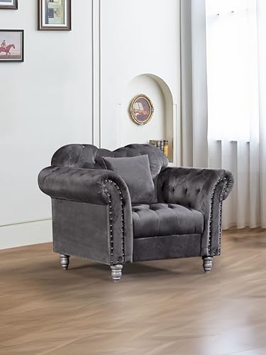 Générique Fauteuil Chesterfield en Velours, Style Anglais Classique, Beige-Gris, Dossier Matelassé avec Clous Décoratifs Argentés, 95x90x85 cm, pour Salon...